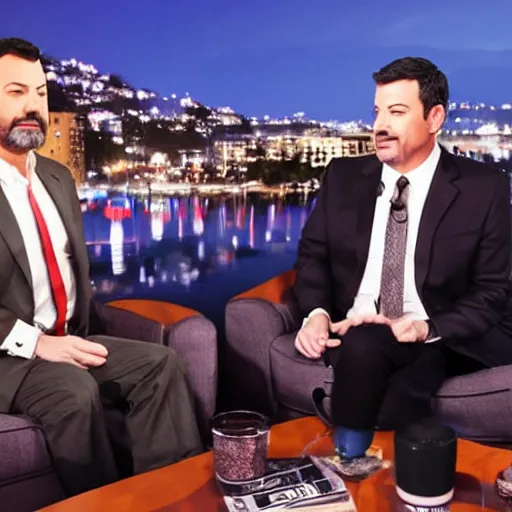 Prompt: Jimmy Kimmel interviewing Jeffery Epstein, tv show, television