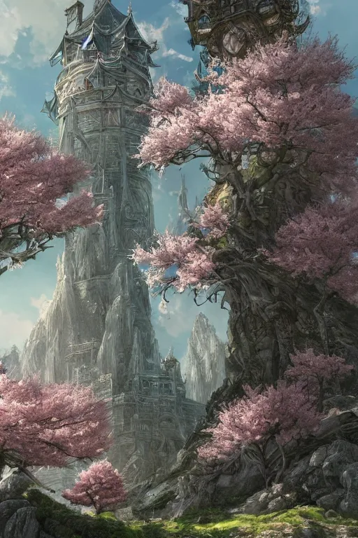 Prompt: hyperdetailed ancient wizard tower with sakura trees, cinematic highly detailed artstation hyperstylized illustrated by moebius and yoshitaka amano