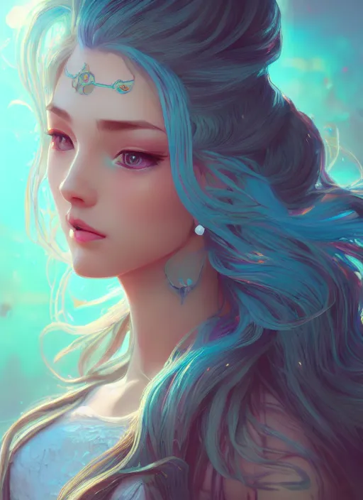 Image similar to beautiful girl with long turqoise hair, cute, intricate, highly detailed, digital painting, trending on artstation, concept art, smooth, sharp focus, backlit, rim light, illustration, unreal engine 5, 8 k, art by rossdraws and alphonse mucha