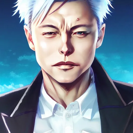 Image similar to anime portrait of old elon musk as an anime boy, white hair, by Stanley Artgerm Lau, WLOP, Rossdraws, James Jean, Andrei Riabovitchev, Marc Simonetti, and Sakimichan, trending on artstation