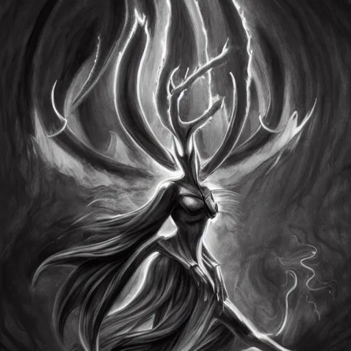 Image similar to full body grayscale drawing by Anato Finnstark of horned demon in dynamic pose, swirling flames