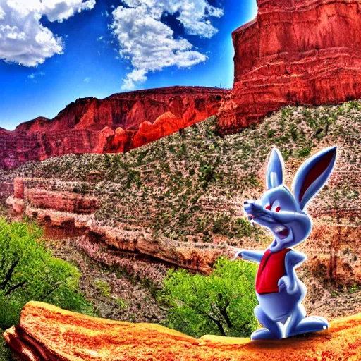 Prompt: Looney Toon\'s Bugs Bunny in front of the Grand Canyon, sweating profusely, photography, HDR, 4k, 8k