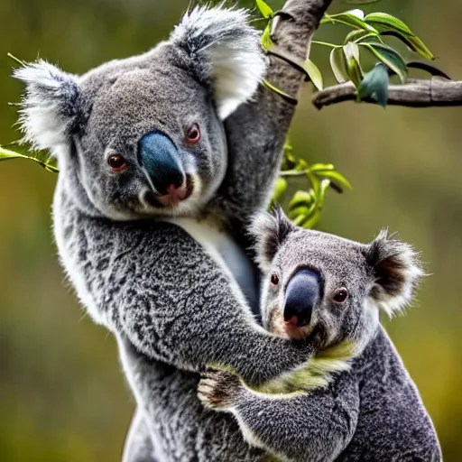 Prompt: a dramatic photo of a koala and a wombat having a fight