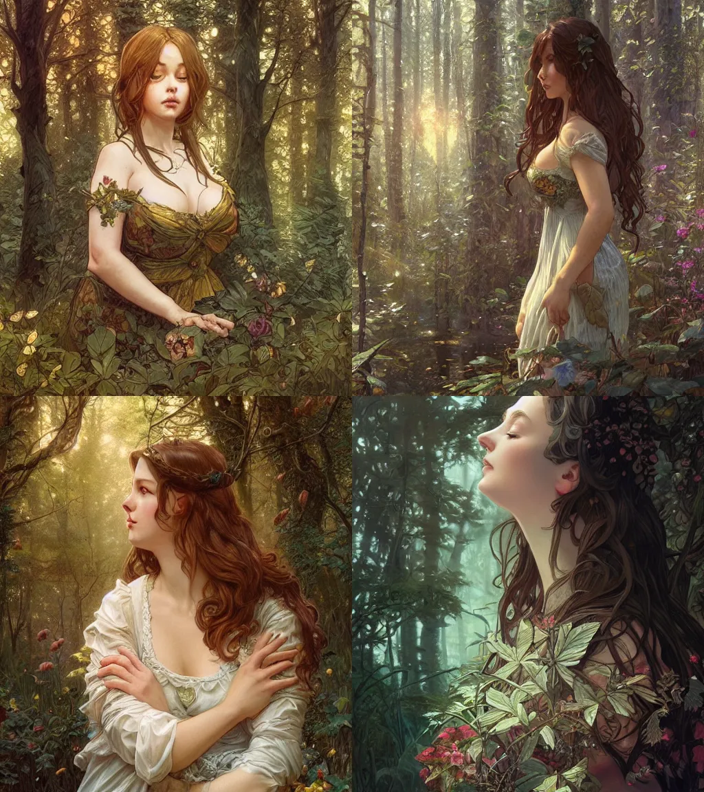 Prompt: beautiful cottagecore slightly plump woman, intricate, magical forest, stunning, highly detailed, digital painting, artstation, concept art, smooth, sharp, focus, illustration, art by artgerm and greg rutkowski and alphonse mucha