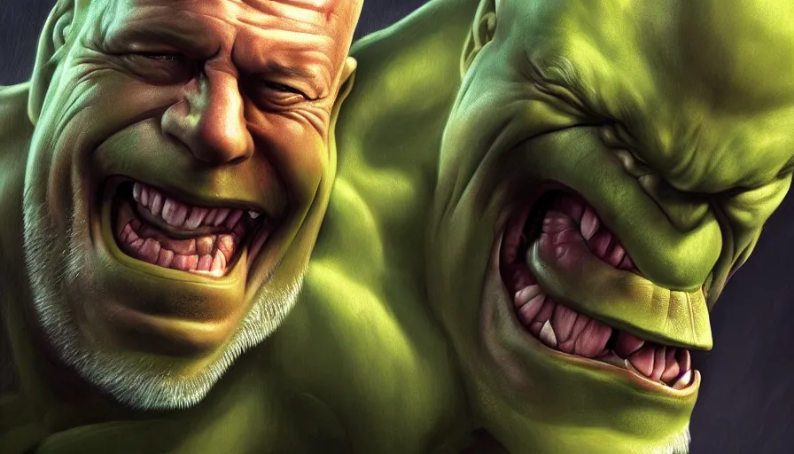 Prompt: bruce willis is hulk paint by various artists, hyperdetailed, artstation, cgsociety, 8 k