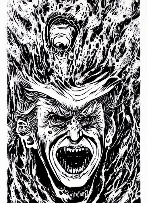 Image similar to Donald Trump's disgusting true form on a 1990s horror movie poster, inking, vintage 90s print, detailed, scary, horror, screen print, trending on artstation