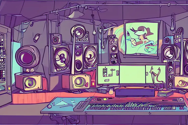 Prompt: musical production studio in steven universe video game art style, hiphop, hick outlines, color vector art, artstation, intricate details, illustration, 4 5 degree camera angle