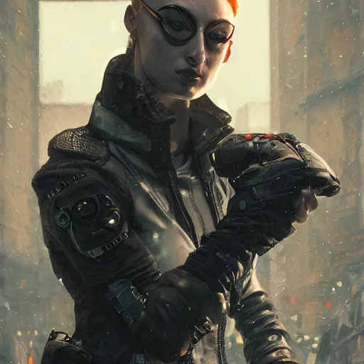 Image similar to sophie turner, streetwear techwear cyberpunk style outfit, parial mask, detailed portrait, intricate complexity, by greg rutkowski, cushart krentz, artgerm, ross tran, conrad roset, takato yomamoto, ilya kuvshinov. 4 k, beautiful, cinematic dramatic atmosphere, portrait lighting