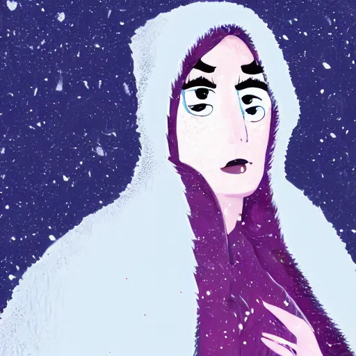 Prompt: a young woman in a fur coat with the hood above her head trying to cover her from the cold icy surrounding, in the style of alberto mielgo, arcane, award winning animated movie,