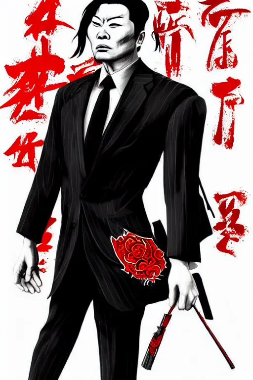 Image similar to chinnese mafia, with black suit and red tissue, some of leader have dragon tatto. digital art, concept art, pop art, bioshock art style, accurate, detailed, gta chinatown art style, dynamic, face features, body features, proportional, ultra realistic, smooth, sharp focus, art by richard hamilton and mimmo rottela