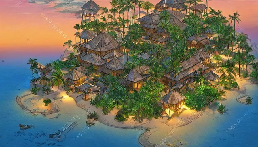 Prompt: beautiful seaside tropical beach village by moebius, very beautiful, volumetric lighting