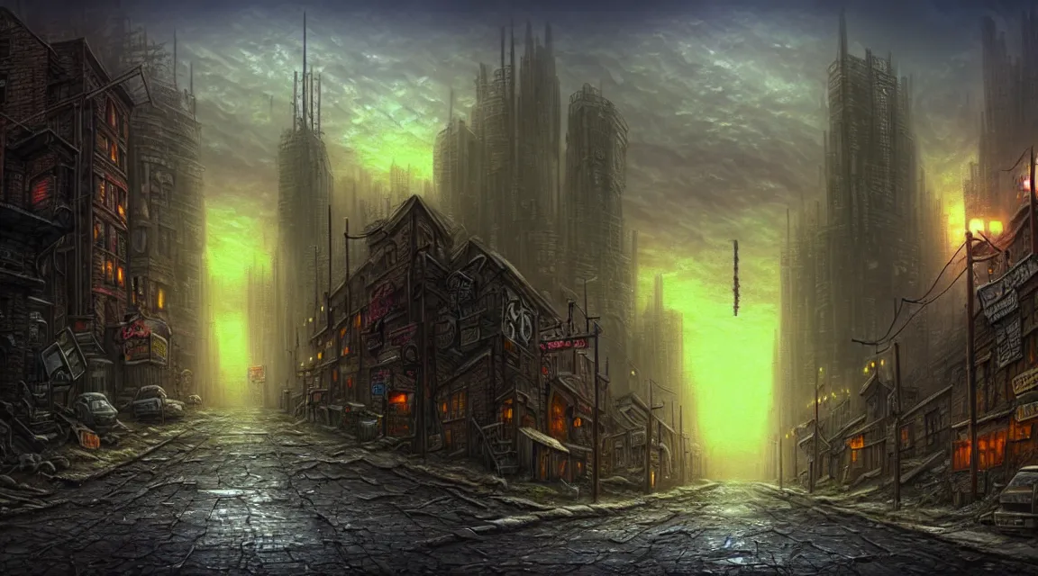 Prompt: post - apocalyptic dystopian building, street, in the style of thomas kinkade