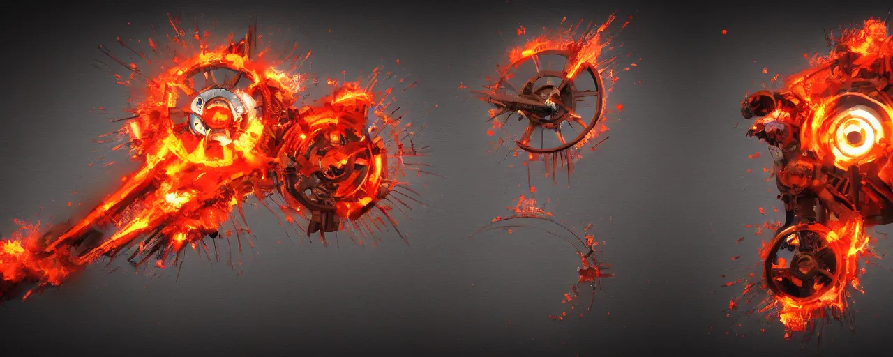 Image similar to atomic, flaming heat, clockwork, expressive, 3 d rendering, speedpainting