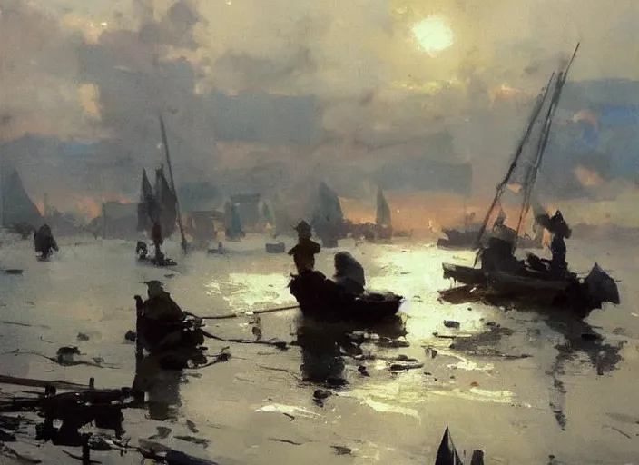 Prompt: oil painting of fishing village in dawn by anders zorn, wonderful art by greg rutkowski, incredible lighting, shadows, beautiful cinematic light, american romanticism by greg manchess, very bright and optimistic