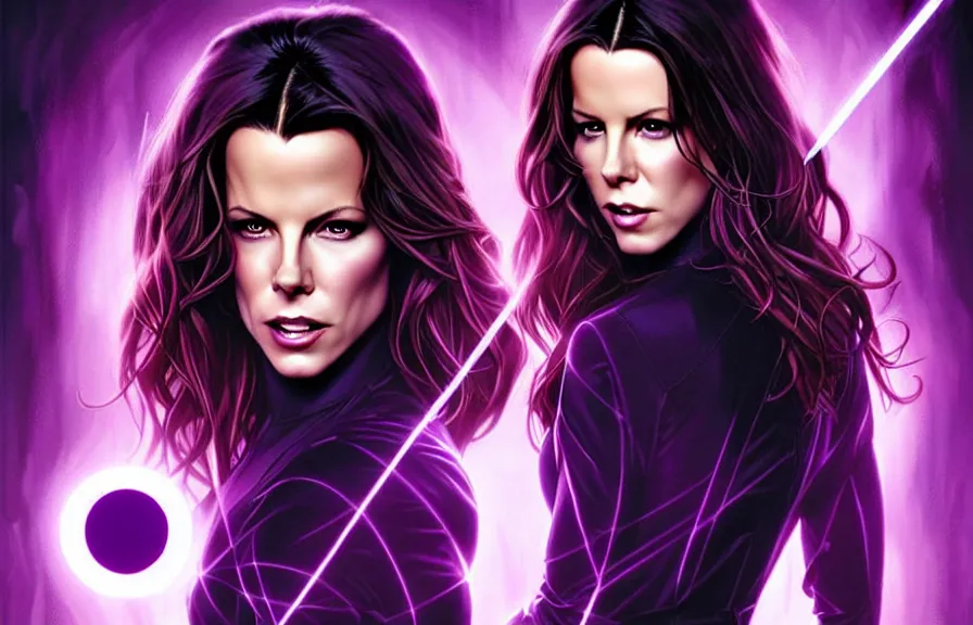 Image similar to kate beckinsdale comic cover art, artgerm, joshua middleton, pretty stella maeve witch doing black magic, serious look, purple dress, symmetrical eyes, symmetrical face, long black hair, full body, twisted evil dark forest in the background, cool colors