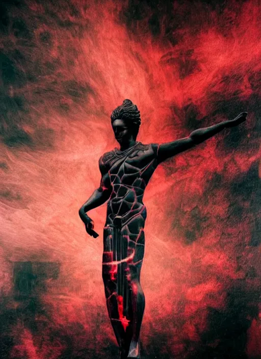 Image similar to dark design poster showing a statue of apollo, black background with very subtle red and purple design elements, powerful, nekro, vito acconci, thin straight lines, dark, glitch art, neo vaporwave, gritty, layout frame, square, trending on artstation