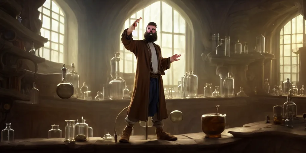 Prompt: a handsome bearded caucasian male sorcerer with brown hair he is casting a spell with flowing energy, he is in a alchemist lab filled with beakers and equipment, neutral pose, epic composition, 4 k, light rays, by dave melvin 3. 0 | dan luvisi 1. 0 | greg rutkowski 2. 5