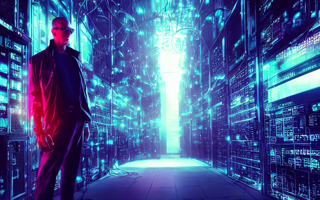 Prompt: cyborg in data center style cyberpunk retrowave william ford gibson high quality photoshot widescreen