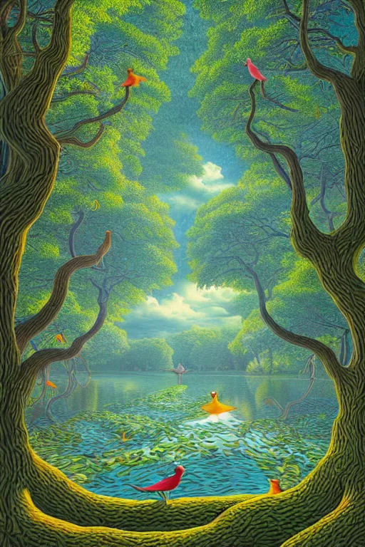 Prompt: beautiful forest with twisting fantasy tress and pond with birds, Digital Matte Illustration by rob Gonsalves