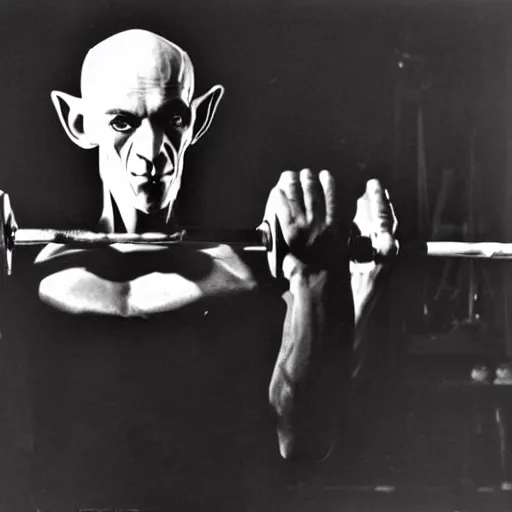 Image similar to portrait of nosferatu doing weightlifting, sport photography