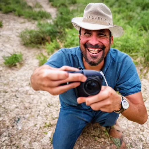 Prompt: national geographic photographer taking a selfie smiling to the camera, n 9