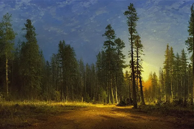 Image similar to A beautiful painting of The edge of the Russian forest in summer at night by Ivan Shishkin, Trending on artstation.