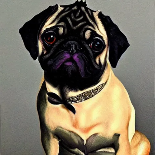 Prompt: a pug with black emo anime hair, intricate, masterpiece, stunning, oil painting