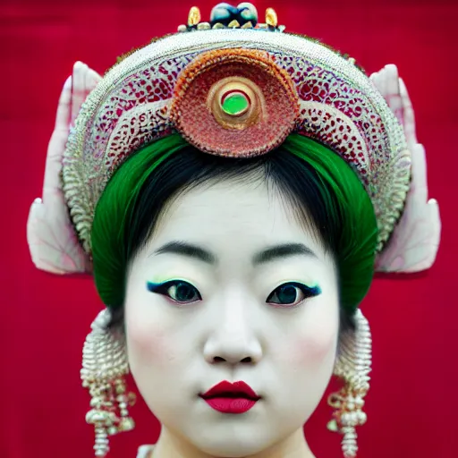 Image similar to minimalist photography portrait of an elaborately adorned oiran, symmetrical, super close up, mid thirties, cute round green slanted eyes, porcelain skin, wide nostrils, chubby cheeks, high flat eyebrows, ethereal essence, angelic, leica 1 0 0 mm f 0. 8