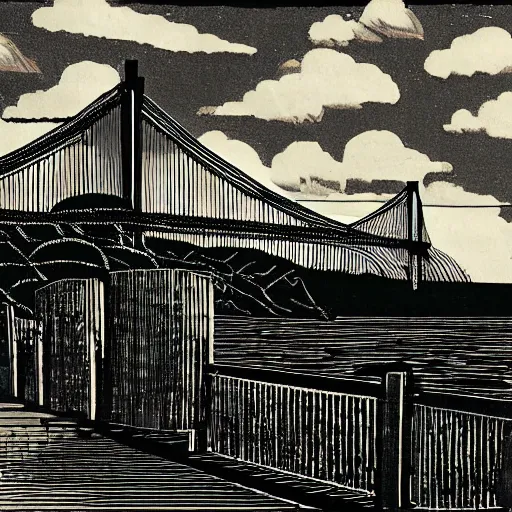 Image similar to steel suspension bridge built in 1 9 2 8, side view, puffy clouds in background, woodcut style, 8 k