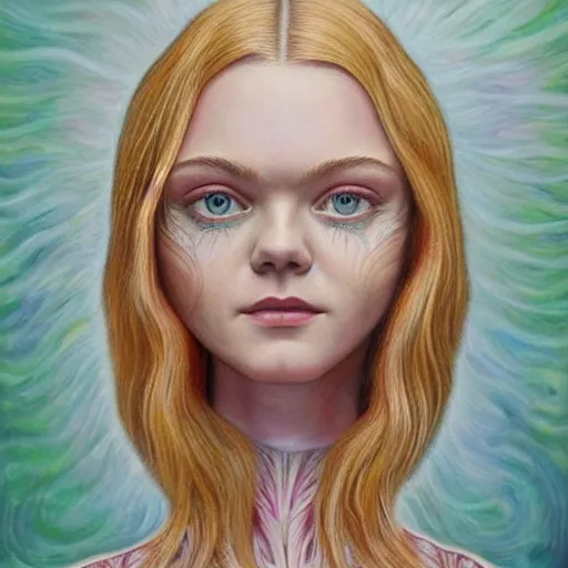 Prompt: professional painting of Elle Fanning in the style of Alex Grey, head and shoulders portrait, symmetrical facial features, smooth, sharp focus, illustration, intricate, stormy weather, extremely detailed masterpiece,