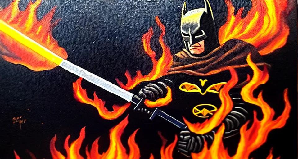 Image similar to An oil painting of a dark knight wielding a flaming sword