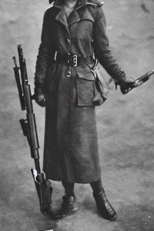 Image similar to photograph of soviet chekist comrade emma watson, standing in a long leather coat with mauser pistol, vintage revolution photograph, famous photo