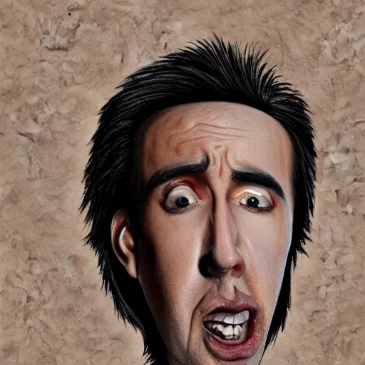 Image similar to nicolas cage with pomegranate body, caricature concept art