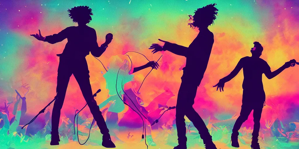 Prompt: friends doing karaoke, epic pose, silhouetted, distinct, digital art, vaporwave, psychedelic hip-hop, surreal, trending on Artstation, professional artist, detailed, 4k