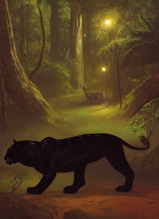 Image similar to a beautiful black jaguar walking in the jungle at night, art by christophe vacher