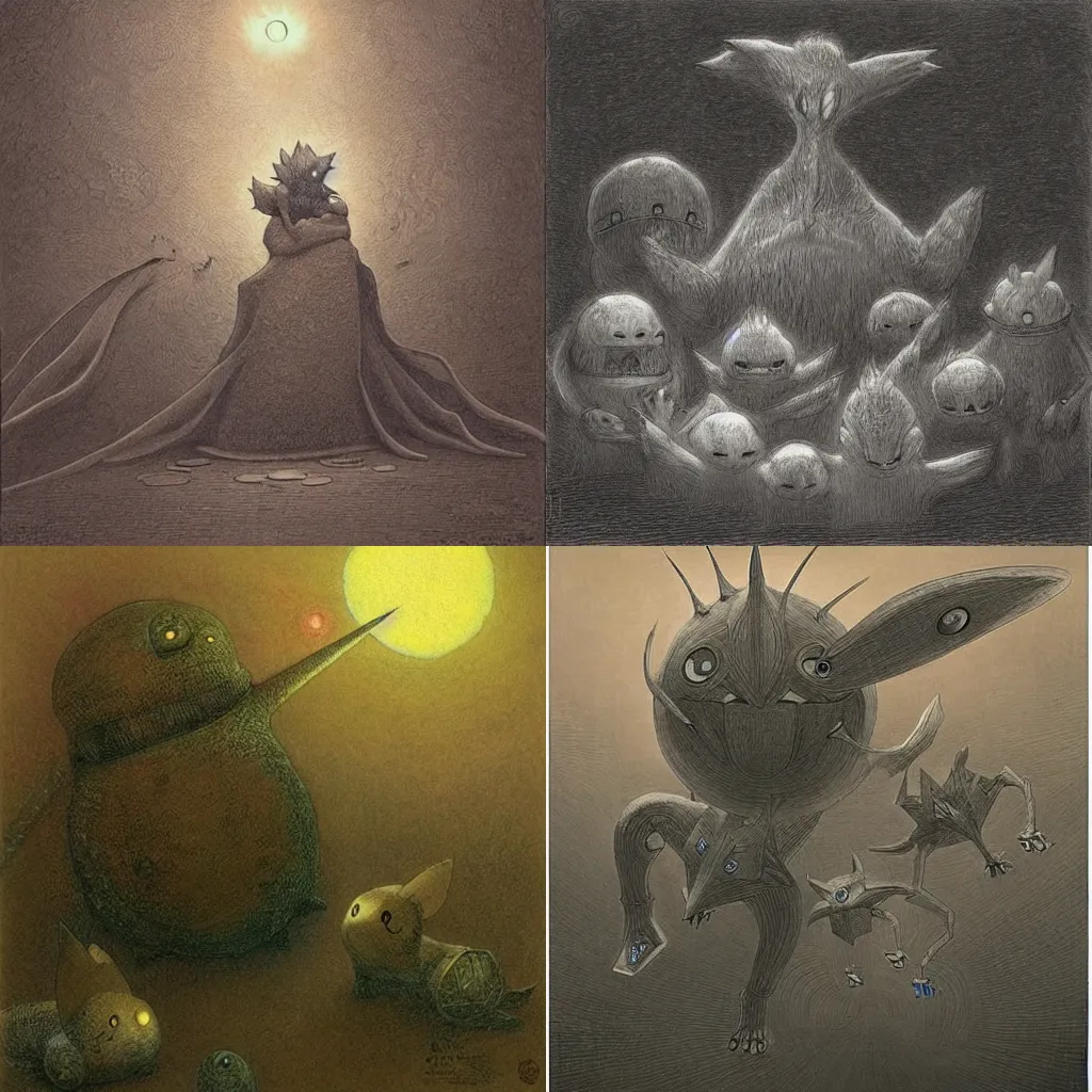 Prompt: dream - type pokemon by shaun tan, style of gustave dore