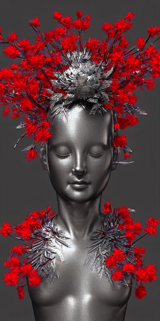 Image similar to 3 d photographic render of an ancient sculpture with red sakura flowers made of chrome, chrometype, made of liquid metal, neotribal with metallic thorns and thunders, raytracing, hyper realistic, volumetric lightning, 8 k, by zhelong xu and ouchh studio