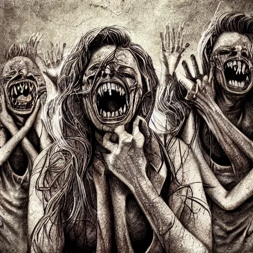 Image similar to i can hear them screaming, digital art, horror, creepy, highly detailed, high quality, high resolution