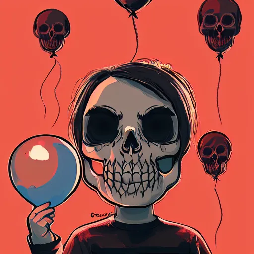 Prompt: portrait skull girl holding balloon by petros afshar, tom whalen, laurie greasley, war face by greg rutkowski