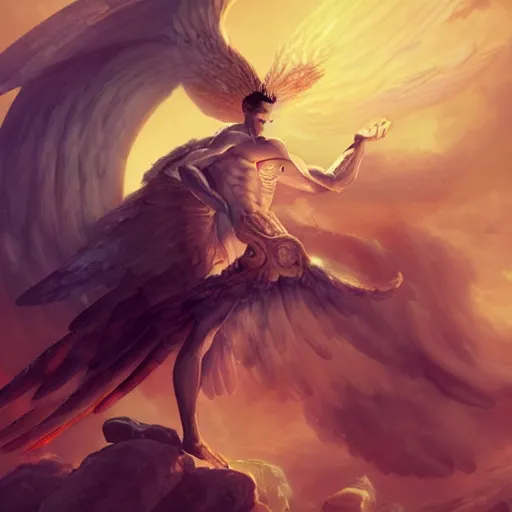 Prompt: full body shot of a male god with wings on his shoulder, digital art by raymond swanland and peter mohrbacher, 4 k,