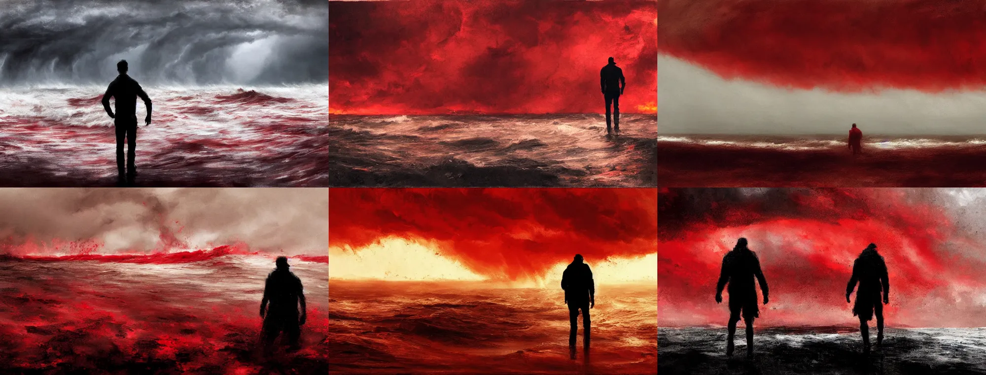 Prompt: silhouette of a man walking away, tumultuous sea, circular, vortex, tornado, raging storm, void, very wide angle, low horizon, seen from behind, dramatic, red, fire, by greg rutkowski, by guy denning, artstation
