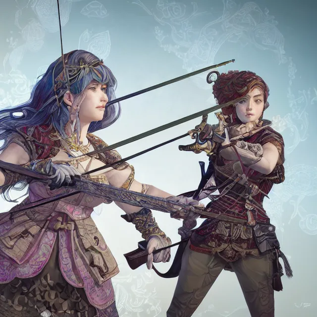 Image similar to the portrait of lawful neutral semi - colorful female archer huntress as absurdly beautiful, gorgeous, elegant, young woman, an ultrafine hyperdetailed illustration by kim jung gi, irakli nadar, intricate linework, bright colors, octopath traveler, final fantasy, unreal engine 5 highly rendered, global illumination, radiant light, detailed and intricate environment