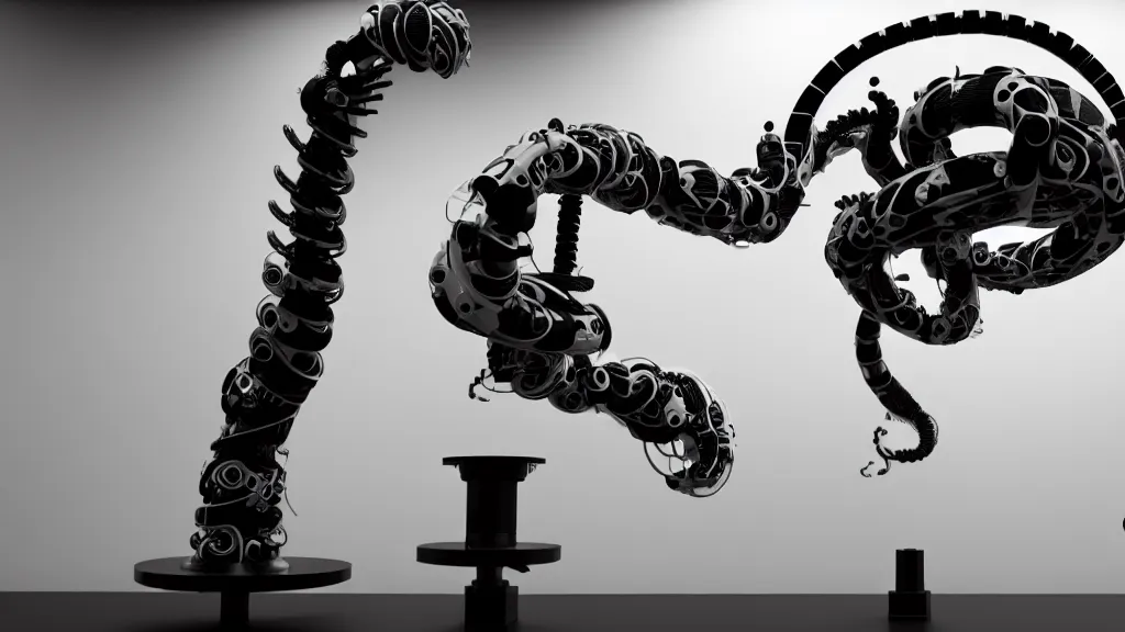 Image similar to a complex bifurcated robotic cnc surgical arm hybrid mri 3 d printer machine making swirling black and white ceramic mandlebulb mutant forms in the laboratory inspection room, film still from the movie directed by denis villeneuve with art direction by salvador dali, wide lens, f 3 2, cinematic lighting, studio quality, smooth render, unreal engine 5 rendered, octane rendered