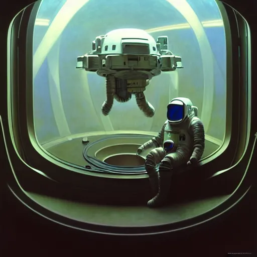 Image similar to detailed character concept art portrait of an astronaut floating in an empty chamber, artstation, award - winning realistic sci - fi concept art by zdzisław beksinski and greg rutkowski, jim burns, a realism masterpiece, james gilleard, bruegel, alphonse mucha, and yoshitaka amano