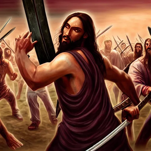 Image similar to jesus christ holding a katana and fighting a horde of zombies, 4 k, high resolution, still, landscape, hd, dslr, hyper realistic