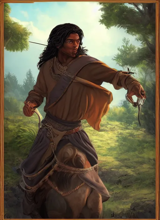 Image similar to An epic fantasy comic book style portrait painting of a young dark skinned long haired boy in plain peasant rags with intelligent eyes in the style of the wheel of time, unreal 5, DAZ, hyperrealistic, octane render, cosplay, RPG portrait, dynamic lighting