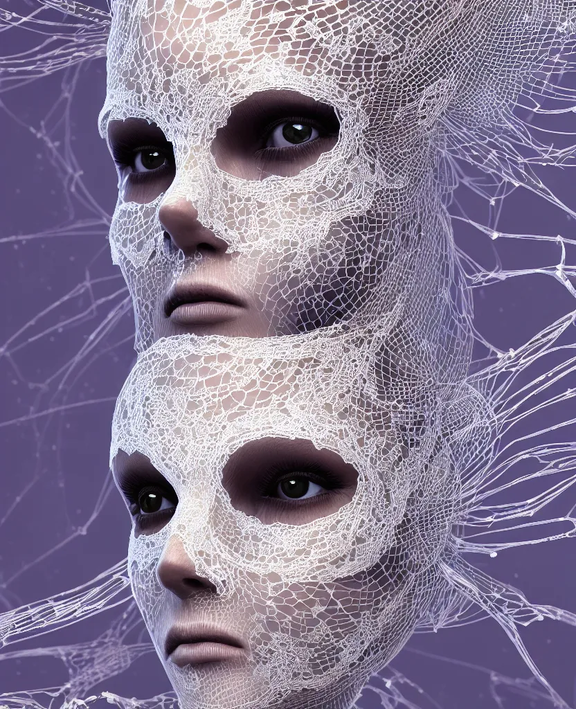 Image similar to close-up macro portrait of the face of a beautiful princess with lace mask, epic angle and pose, ribcage skeleton symmetrical artwork, 3d with depth of field, blurred background, cybernetic jellyfish female face phoenix bird, translucent, nautilus, energy flows of water and fire. a highly detailed epic cinematic concept art CG render. made in Maya, Blender and Photoshop, octane render, excellent composition, cinematic dystopian brutalist atmosphere, dynamic dramatic cinematic lighting, aesthetic, very inspirational, arthouse, Greg Rutkowski, Ilya Kuvshinov, WLOP, Stanley Artgerm Lau, Ruan Jia and Fenghua Zhong