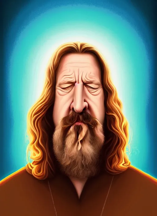 Prompt: a beautiful portrait of the dude from the big lebowski with eyes closed touching her heart with arms crossed, symetrical, by cyril rolando and asher durand and natalie shau and alex gray, pixel art