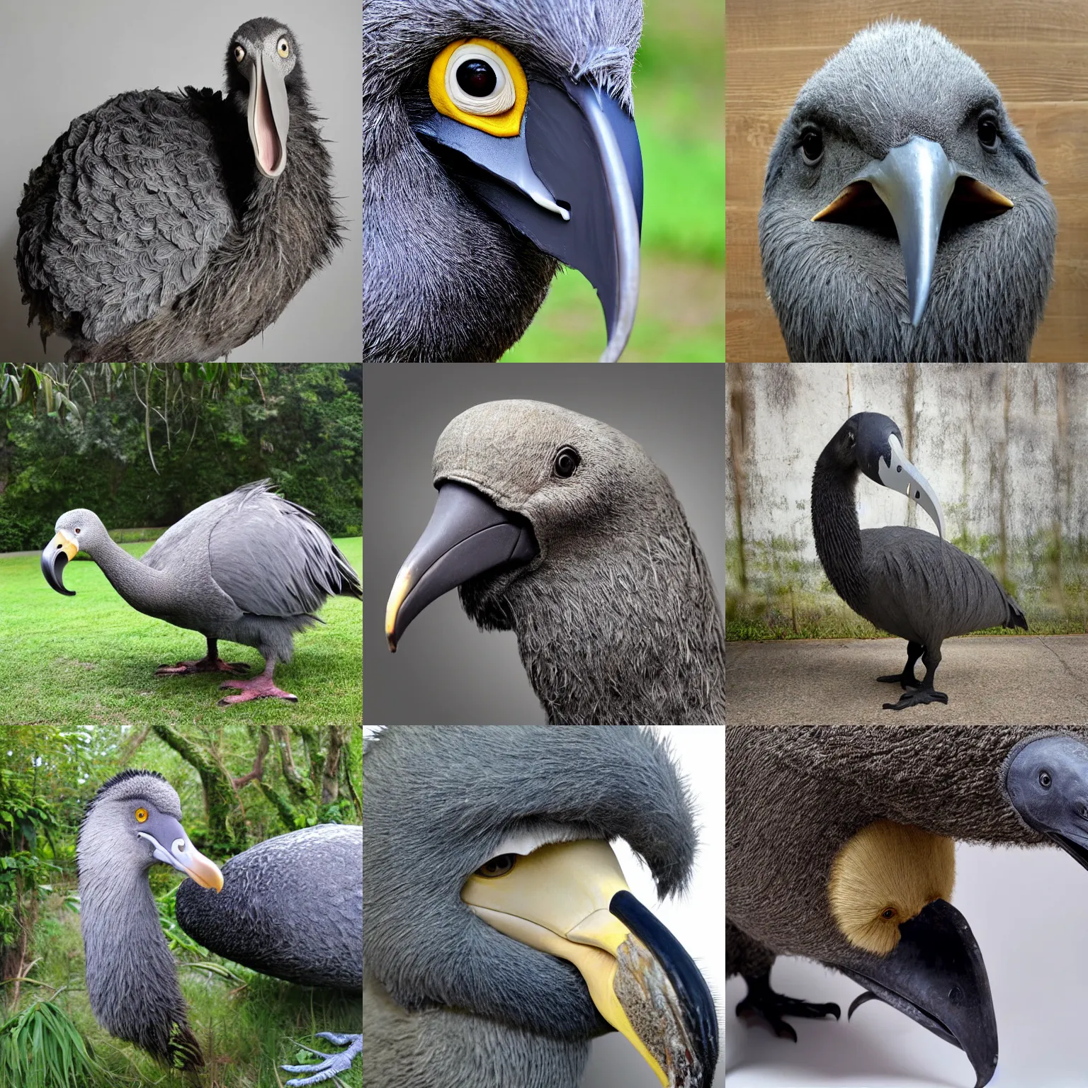 Prompt: big flightless grey bird with big hooded beak, dodo, taxidermy, photorealistic