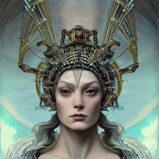 Prompt: a baroque neoclassicist close - up renaissance portrait of a beautiful robot witch queen with glowing eyes, moth wings with geometric patterns, reflective detailed textures, baroque dark fantasy science fiction painting by diego rivera and donato giancola and jean delville and moebius and tom bagshaw, goth, dramatic lighting, silver and muted colors, artstation, octane render